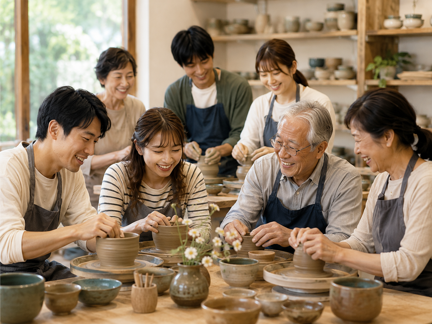 多世代の生徒が談笑しながら作陶する様子