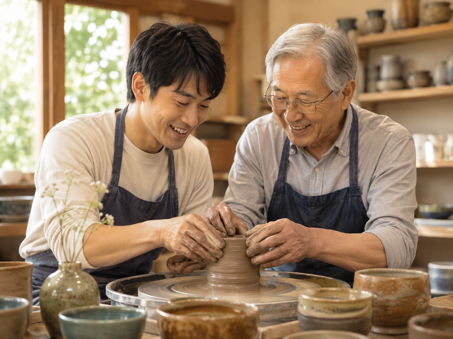 講師と受講生がろくろを囲む教室の様子